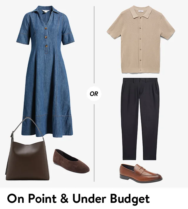 A chambray shirtdress, handbag and ballet flat alongside a short-sleeve button-up shirt, chinos and loafers.