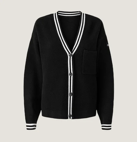 Tennis Club Sweater Knit Cardigan in Black/Ivory