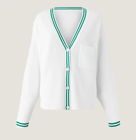 Tennis Club Sweater Knit Cardigan in White/Spruce Green