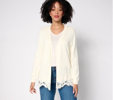 Susan Graver Open Front Sweater Cardigan with Lace Trim