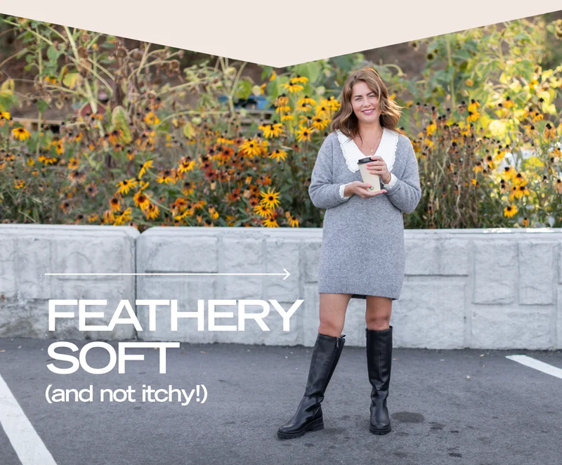 jillian harris in front of sunflowers wearing grey sweater dress with text 'feathery soft and not itchy'