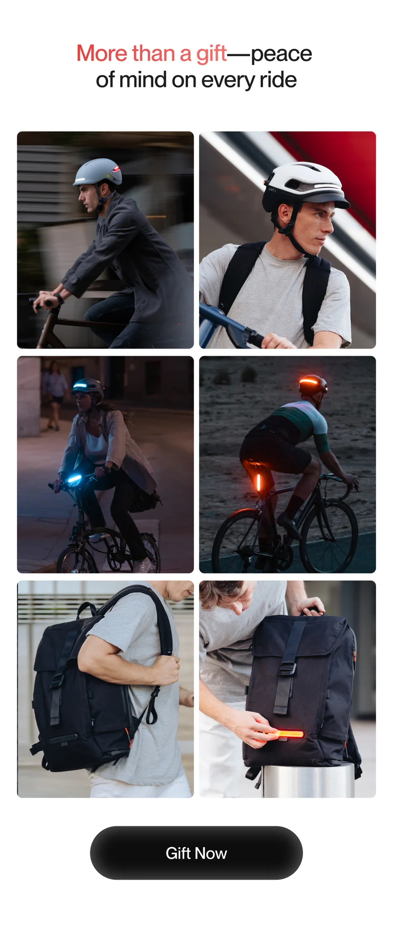 Grid of images showcasing cyclists using smart helmets and versatile gear in various settings, highlighting Unit 1's innovative and stylish products.