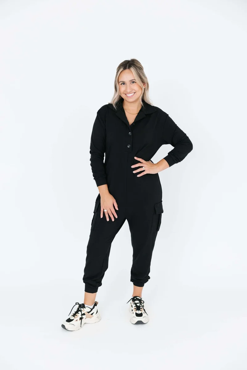 Image of Lennex Long Sleeve Cargo Romper in Midnight Black