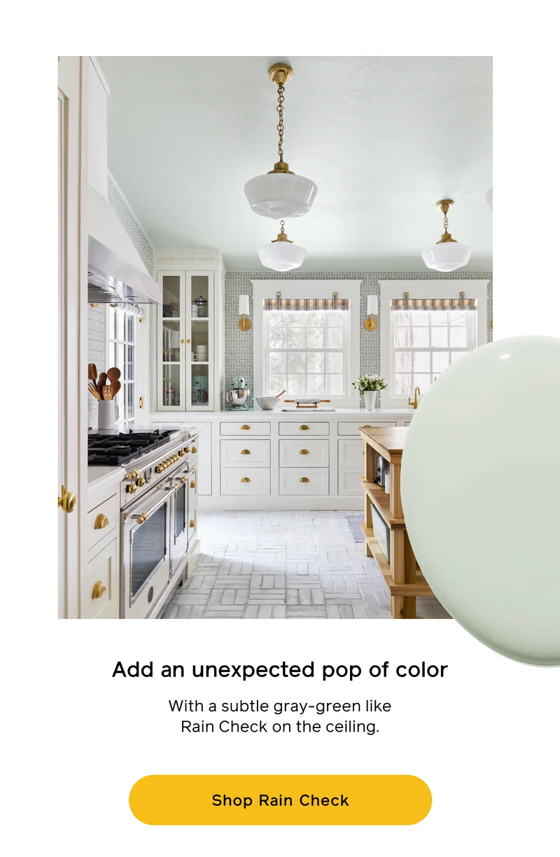 Add an unexpected pop of color with subtle gray-green like Rain Check on the ceiling. Shop Rain Check