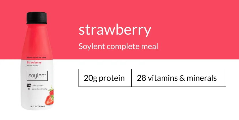strawberry Soylent complete meal 20g protein, 28 vitamins & minerals