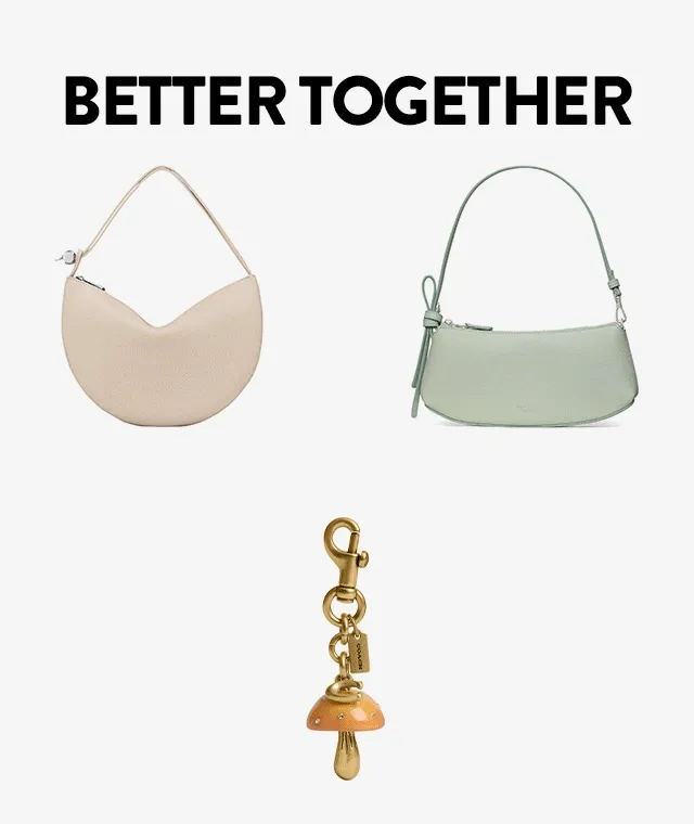 An off-white clutch, mushroom-shaped charm, light-green shoulder bag, charm with cactus and sun pendants, light-blue shoulder bag and strawberry-shaped charm.