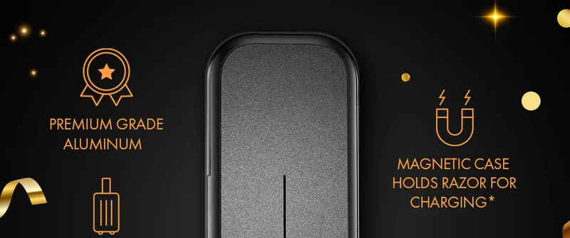 Premium grade aluminum. Magnetic case holds razor for charging*.