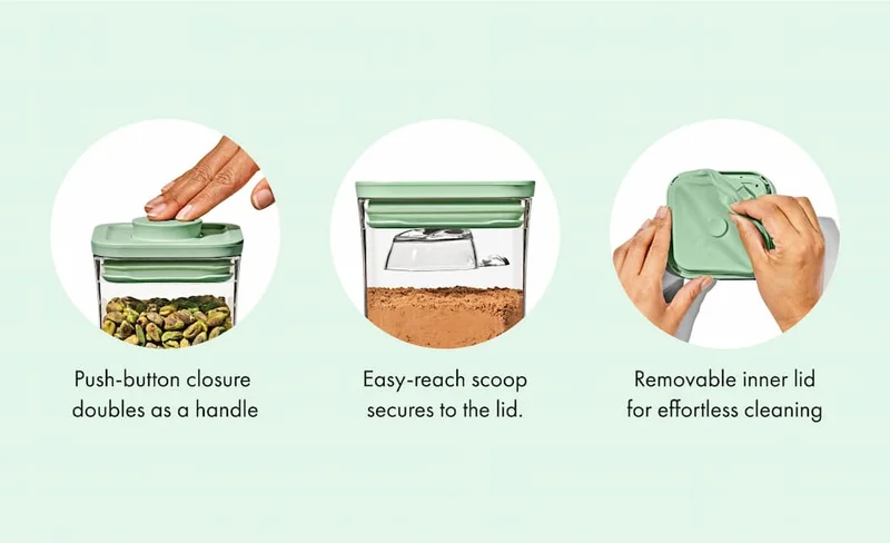 Push-button closure doubles as a handle. Easy-reach scoop secures to the lid. Removable inner lid for effortless cleaning.