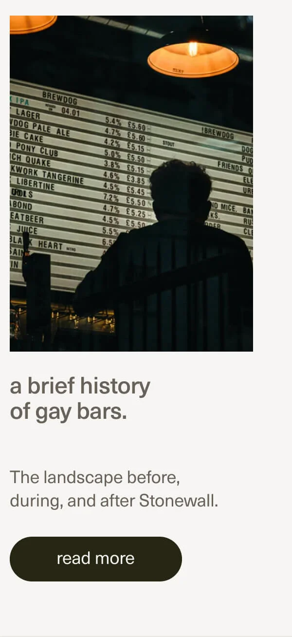 a brief history of gay bars. | The landscape&nbsp;before, during, and after Stonewall. | [ read more ]