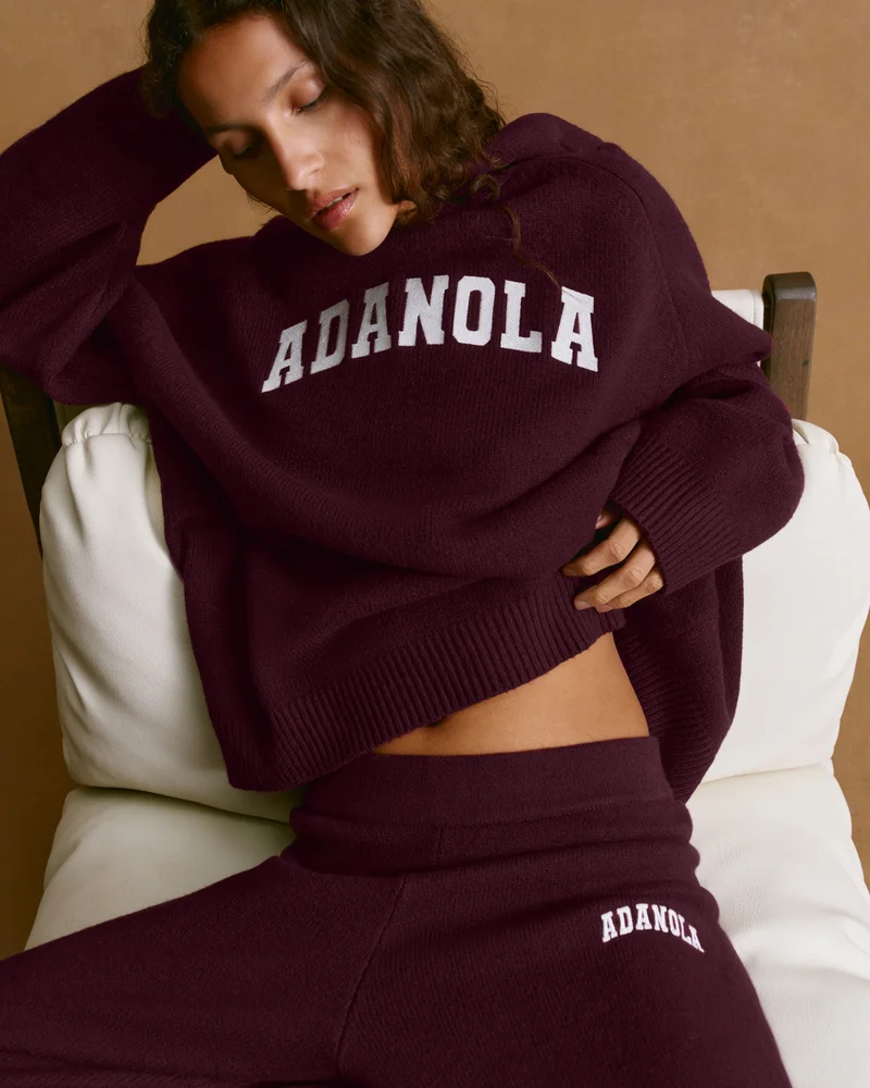 Varsity Oversized Knit Hoodie - Dark Cherry/Marshmallow White
