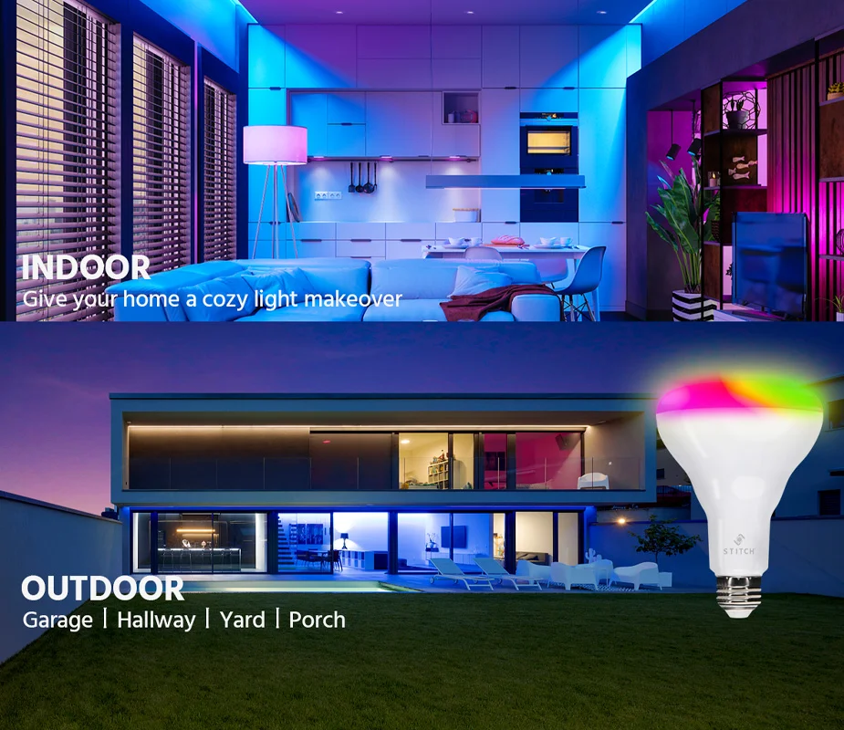 Monoprice STITCH BR30 RGBCW WiFi+Bluetooth Smart Color Changing LED Bulbs, E26 60W, Work with Google Assistant, 2-Pack