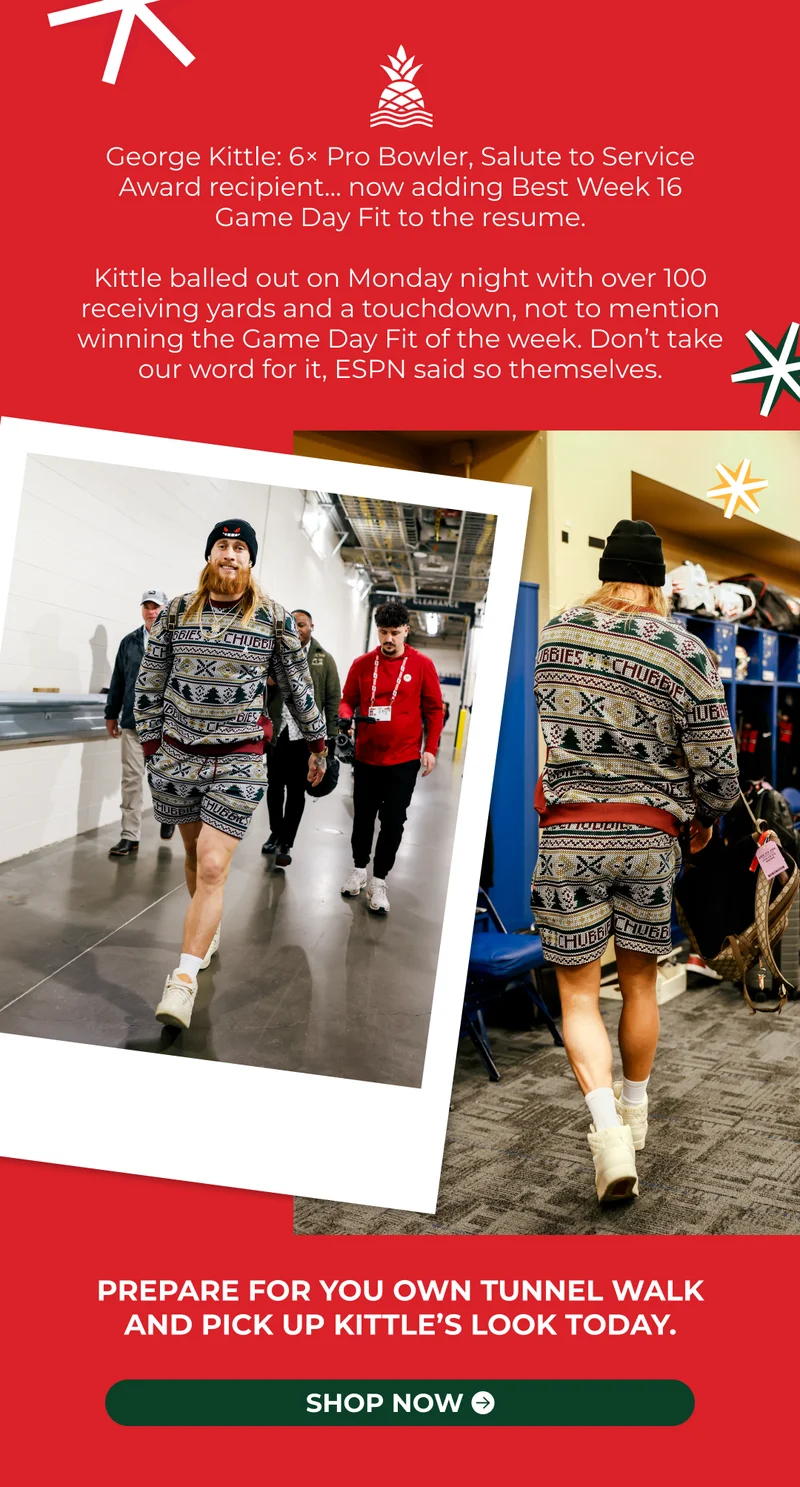 George Kittle: 6× Pro Bowler, Salute to Service Award recipient… now adding Best Week 16 Game Day Fit to the resume.  Kittle balled out on Monday night with over 100 receiving yards and a touchdown, not to mention winning the Game Day Fit of the week. Don’t take our word for it, ESPN said so themselves.