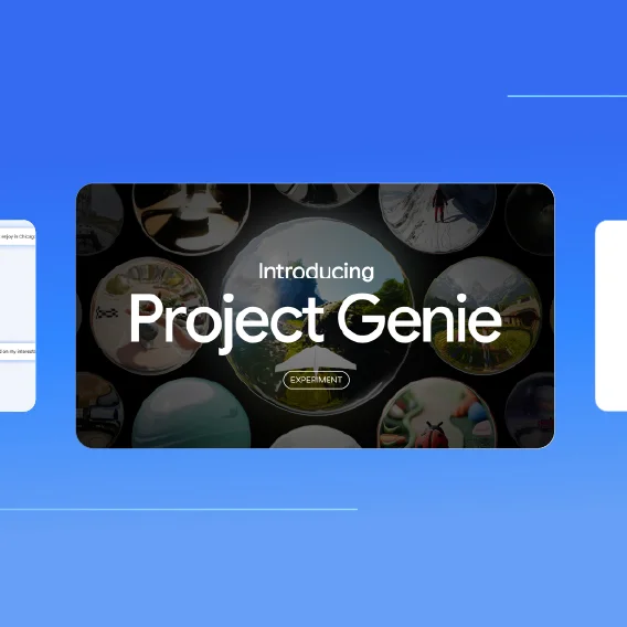 Project Genie card with reflective spheres showing scenes.