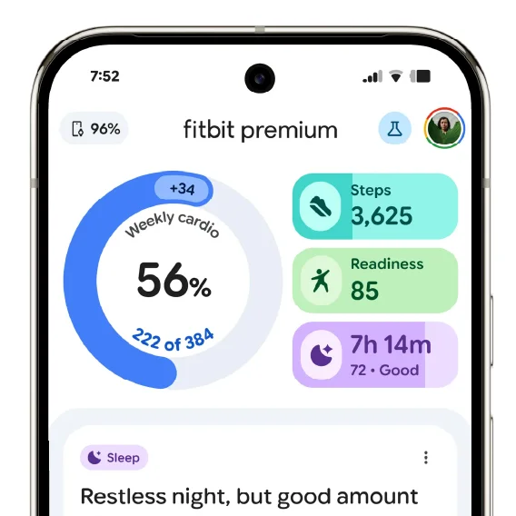 Fitbit app with 56% weekly cardio, 3,625 steps, 85 readiness, and 7h 14m sleep.