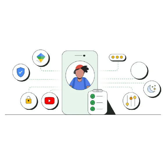 Smartphone: Profile connected to safety, content, and settings icons.
