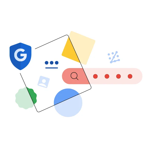 Google 'G' security shield, password field, and interface illustration.