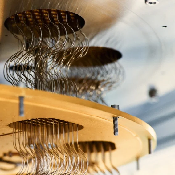 Thin wires connecting two golden circular plates.