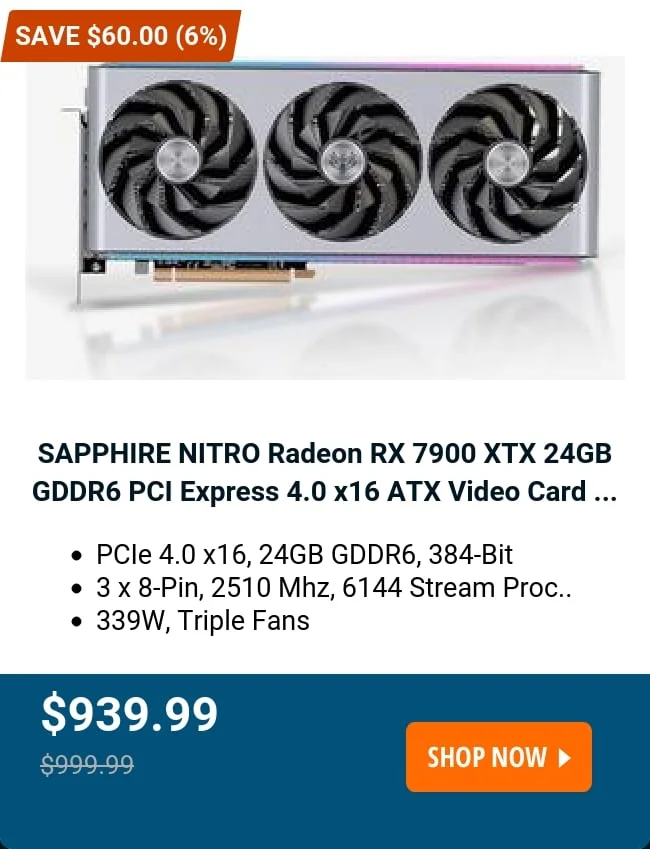 SAPPHIRE NITRO Radeon RX 7900 XTX 24GB GDDR6 PCI Express 4.0 x16 ATX Video Card ...