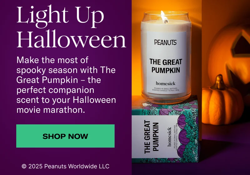 Light Up Halloween | Make the most of spooky season with The Great Pumpkin – the perfect companion scent to your Halloween movie marathon. | Shop now | © 2025 Peanuts Worldwide LLC