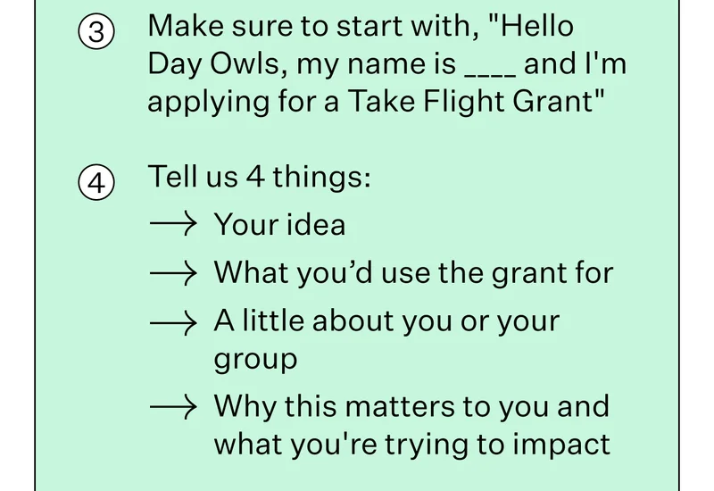 Make sure to start with, "Hello Day Owls, my name is ____ and I'm applying for a Take Flight Grant" Tell us 4 things:  Your idea What you’d use the grant for   A little about you or your group Why this matters to you and what you're trying to impact