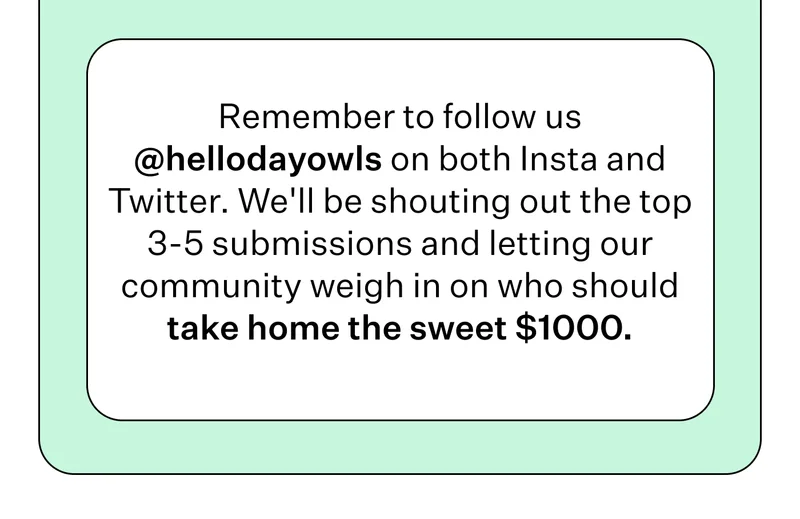 Remember to follow us @hellodayowls on both Insta and Twitter. We'll be shouting out the top 3-5 submissions and letting our community weigh in on who should take home the sweet $1000.