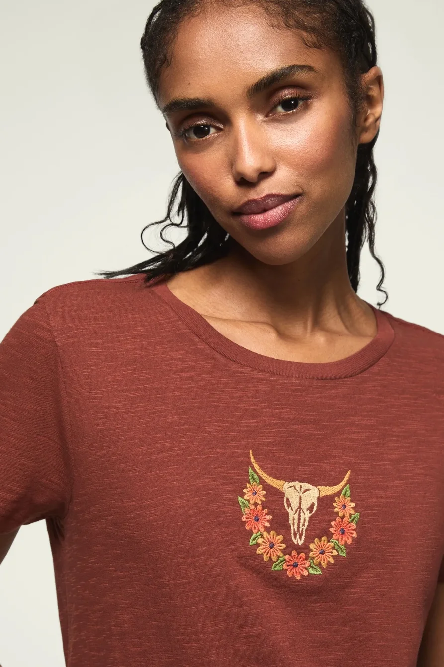 Image of Lucky Brand Floral Steer Skull Classic Crew in Terracotta