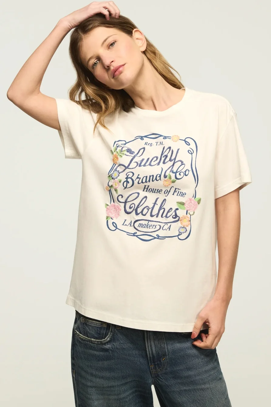 Image of Lucky Brand Floral Frame Classic Crew in Tofu