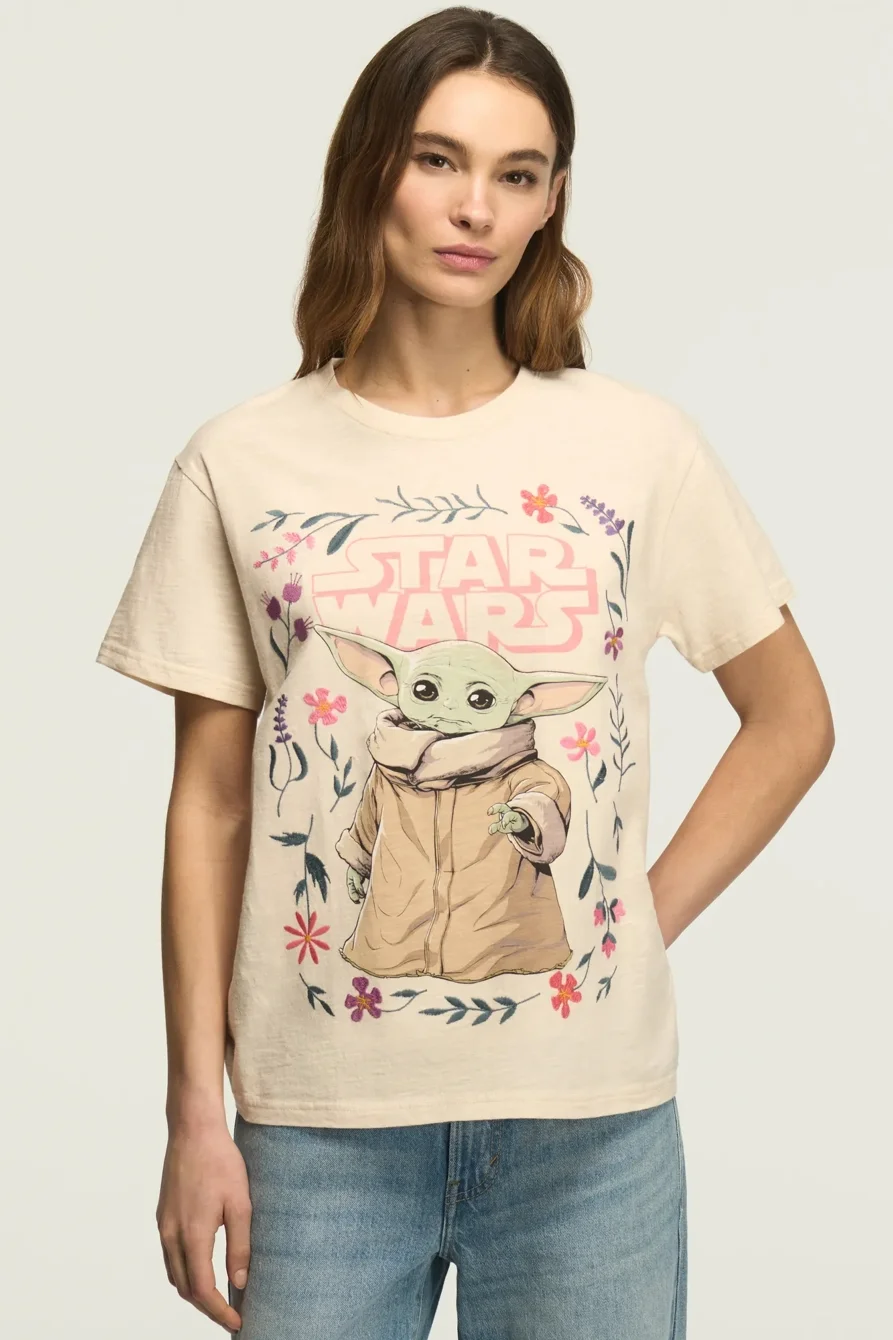 Image of Lucky Brand Star Wars Floral Grogu Boyfriend Tee - Women's Clothing Tops Shirts Tee Graphic T Shirts in Cloudy Days Wash
