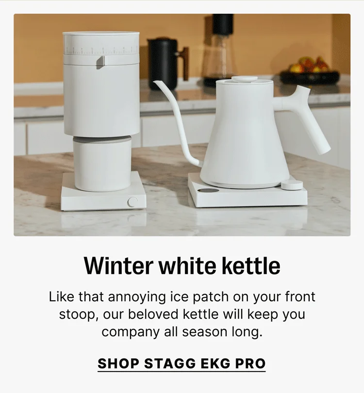 Winter white kettle Like that annoying ice patch on your front stoop, our beloved kettle will keep you company all season long. [SHOP STAGG EKG PRO]