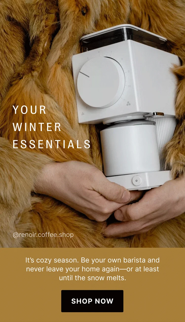 YOUR WINTER ESSENTIALS @renoir.coffee.shop It’s cozy season. Be your own barista and never leave your home again—or at least until the snow melts. [SHOP NOW[