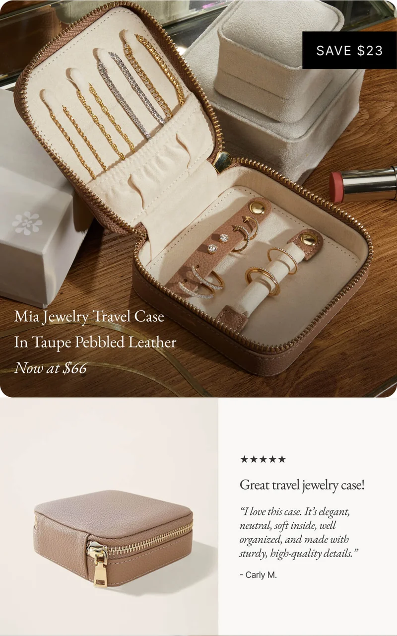 Mia Jewelry Travel Case In Taupe Pebbled Leather Now at $66 | Great travel jewelry case! "I love this case. It's elegant, neutral, soft inside, well organized, and made with sturdy, high-quality details." Carly M.