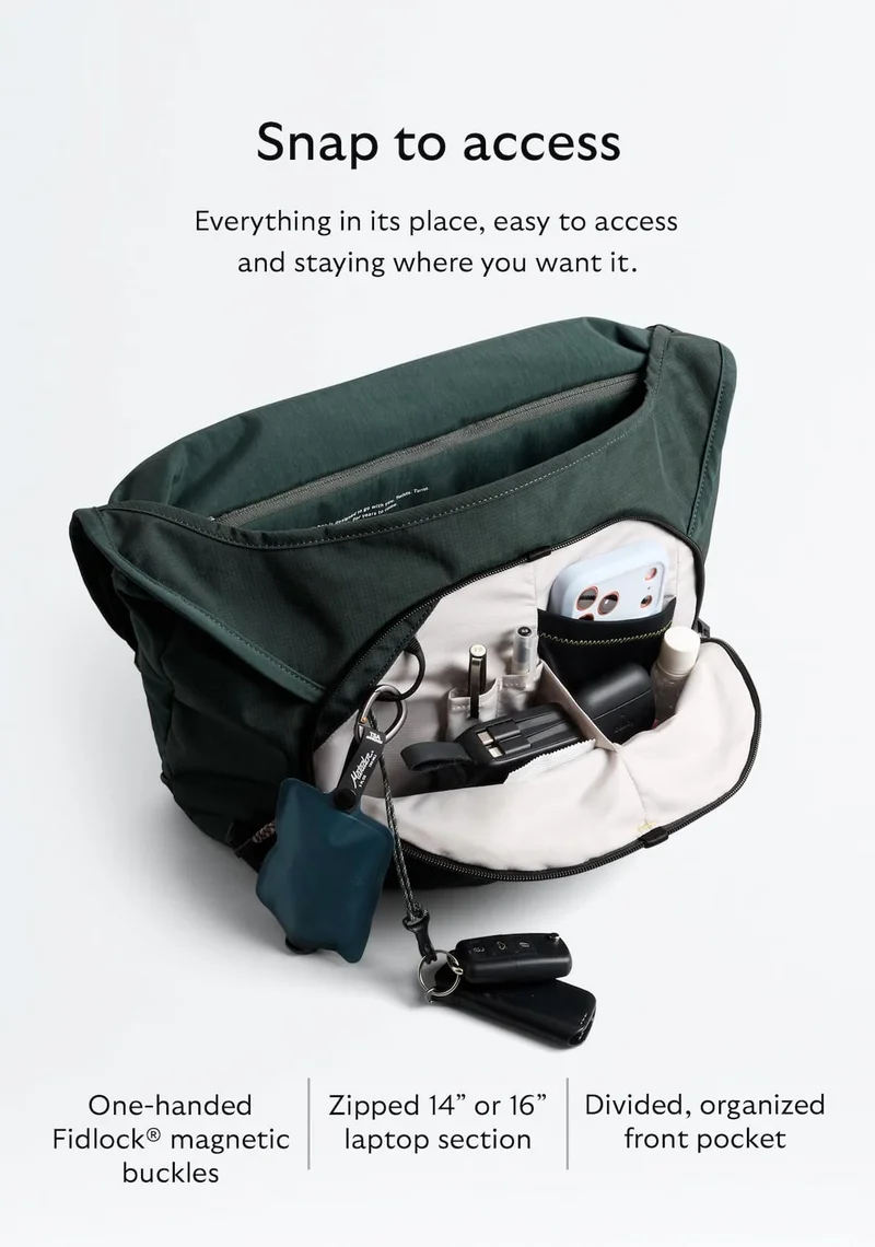 Snap to access [Blurb] Everything in its place, easy to access and staying where you want it.  [Feature] One-handed Fidlock® magnetic buckles [Feature] Divided, organized front pocket [Feature] Zipped 14” or 16” laptop section