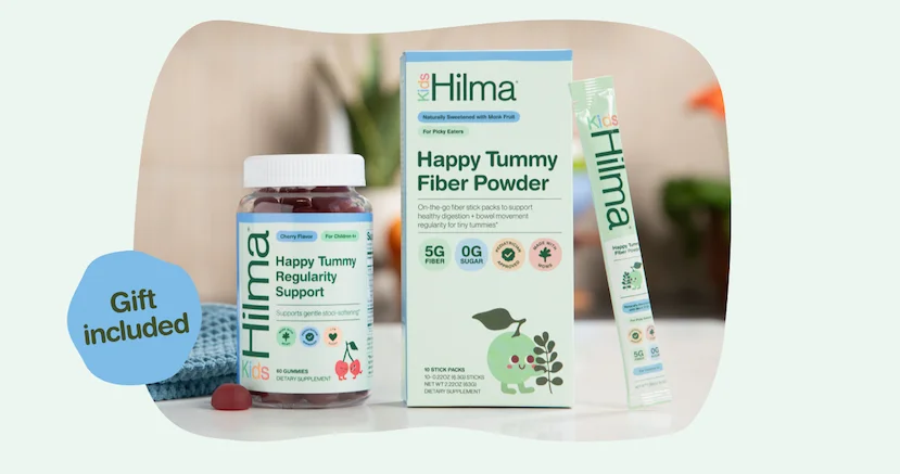 Gift included. Photo of Happy Tummy Regularity Gummy and Happy Tummy Fiber Powder.