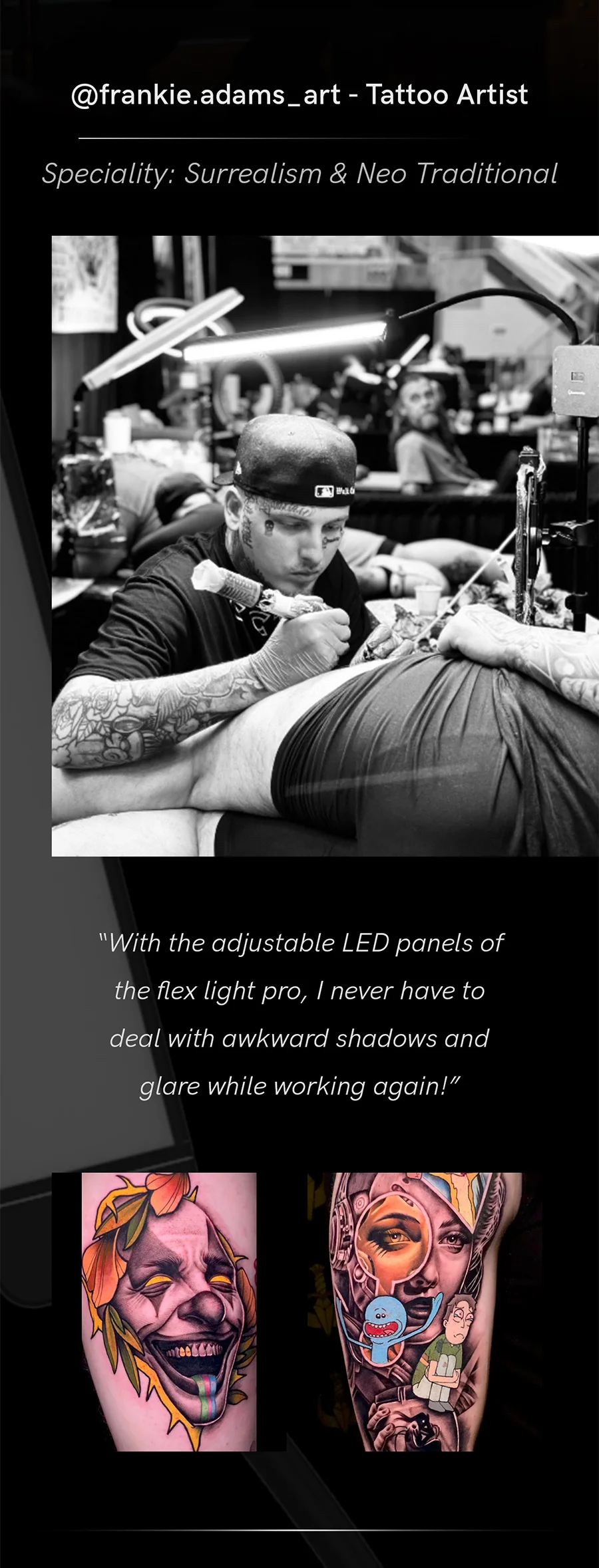 "Using the adjustable LED panels of the Flex Light Pro… I avoid awkward shadows and glare while working" @frankie.adams_art