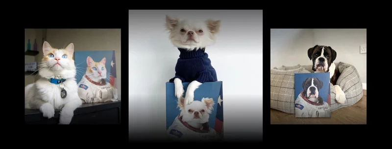 Customer photos of their dogs next to 'The Astronaut' portraits