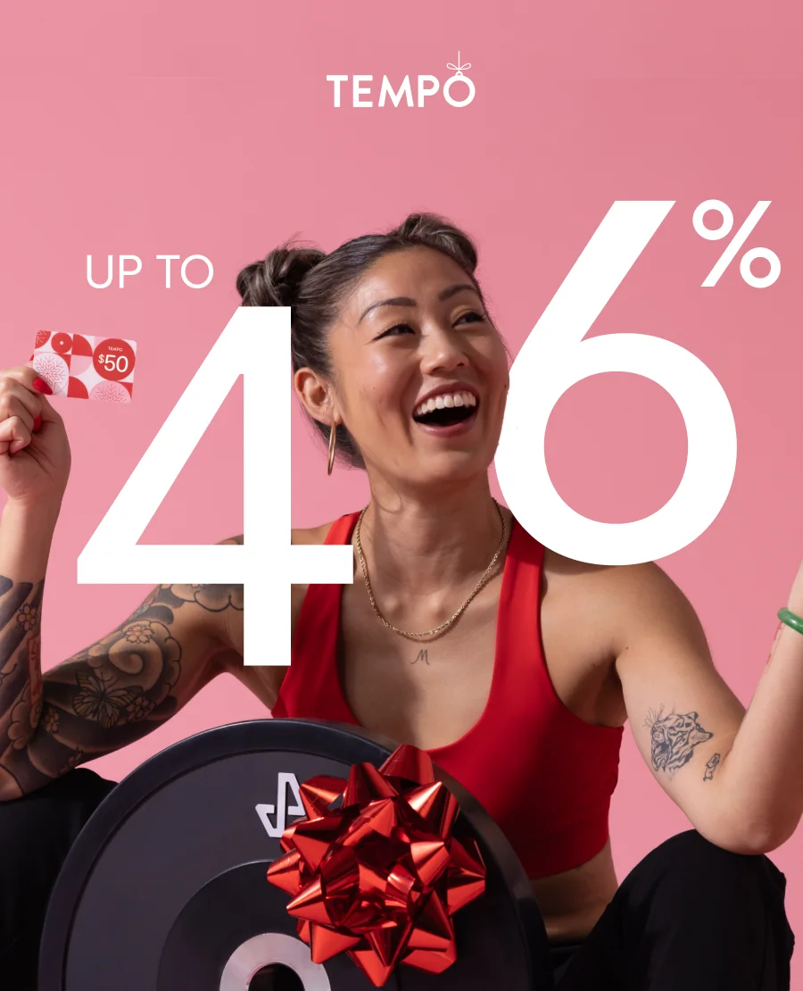Tempo logo on top of image previewing Tempo coach holding 50$ gift card for apparel and text "up to 46%"