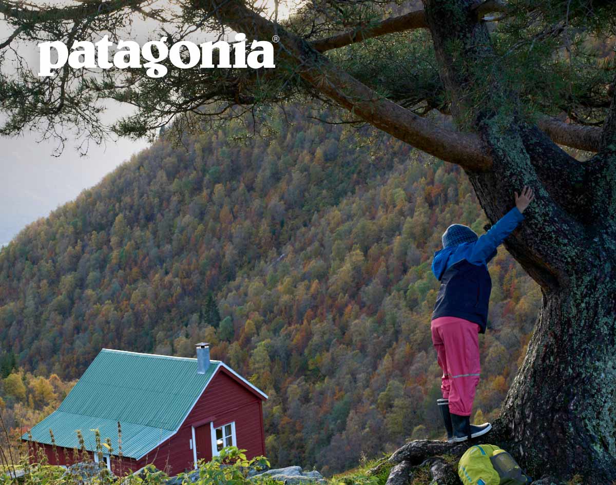 Patagonia. A child climbs a tree, their backpack lying at the base of the trunk.