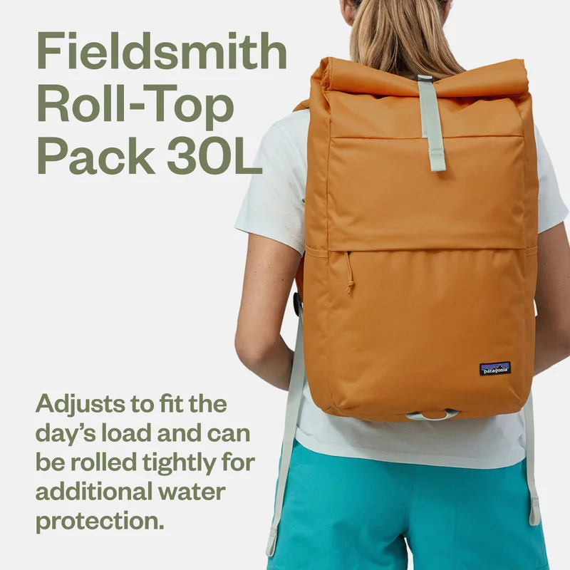 Fieldsmith Roll-Top Pack 30L. Adjusts to fit the day’s load and can be rolled tightly for additional water protection.