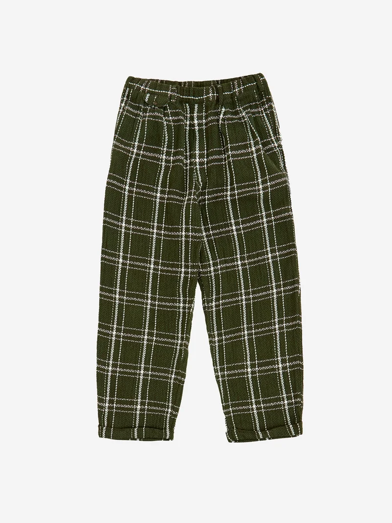 Image of Beams Plus 2 Pleats Relax Trousers Loose Weave Plaid - Green