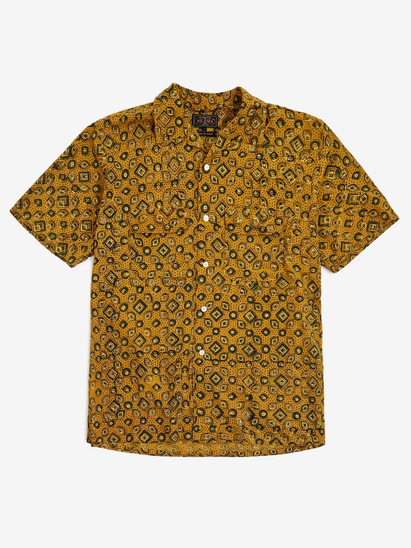 Image of Beams Plus Open Collar Block Print Islamic Geometric Pattern - Mustard