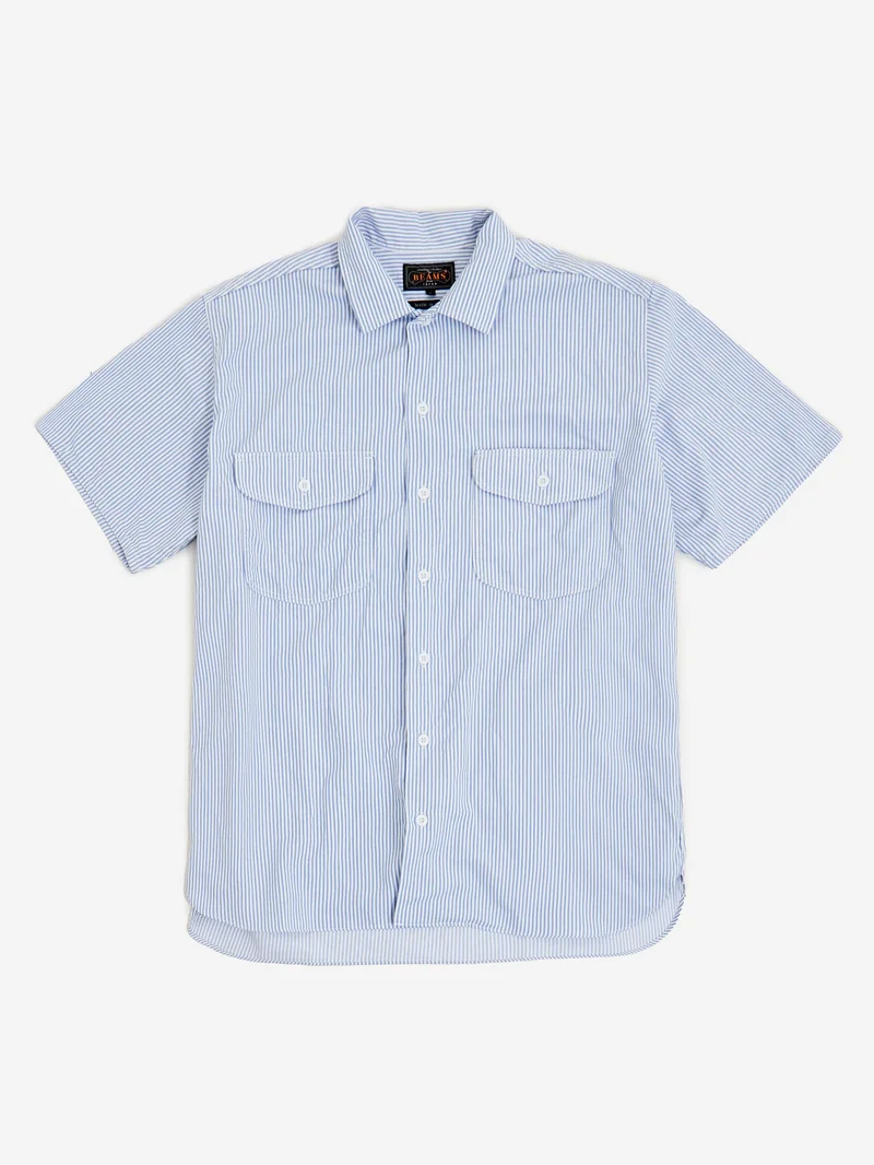 Image of Beams Plus Work Short Sleeve Stripe Coolmax® - Blue