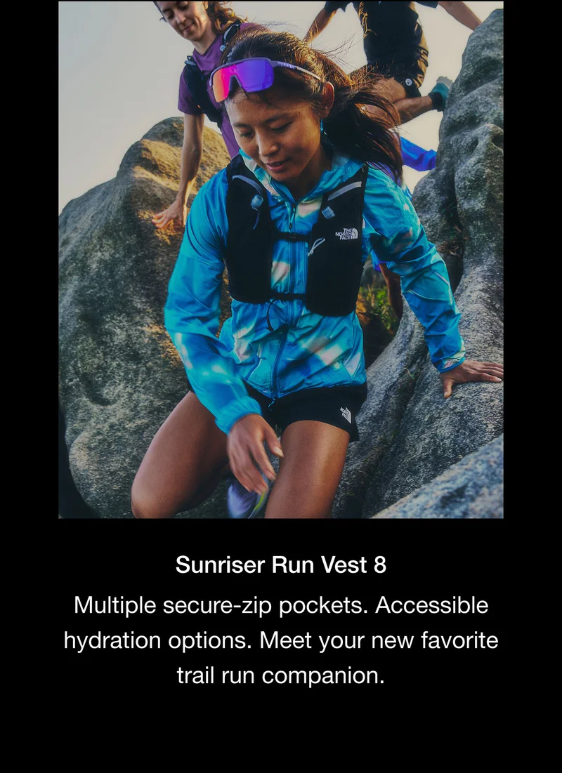Sunriser Run Vest 8. Multiple secure-zip pockets. Accessible hydration options. Meet your new favorite trail run companion.