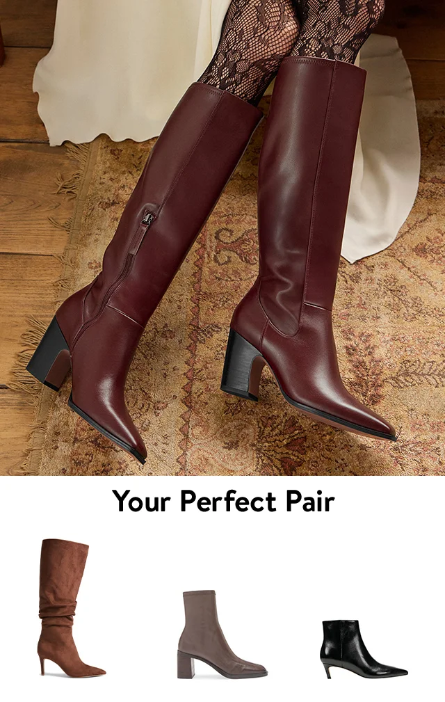A woman wearing tall brown boots with lacy stockings and a white skirt. Slouchy brown boots, short brown boots and black ankle boots.