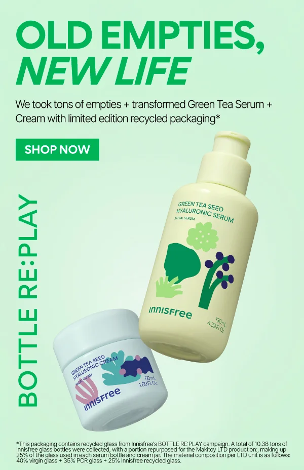 We took tons of empties + transformed Green Tea Serum and Cream into limited edition recycled packaging