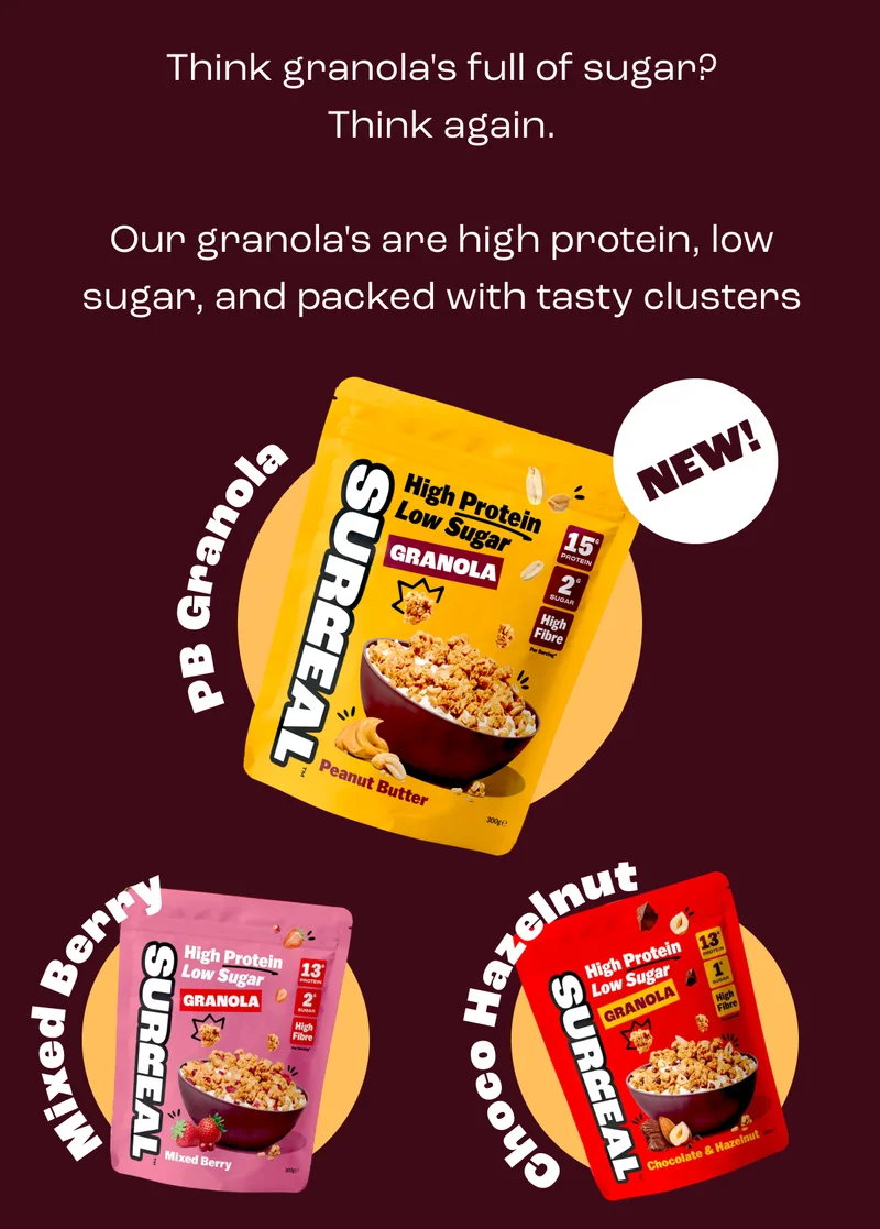 Think granola's full of sugar? Think again.  Our granola's are high protein, low sugar, and packed with tasty clusters