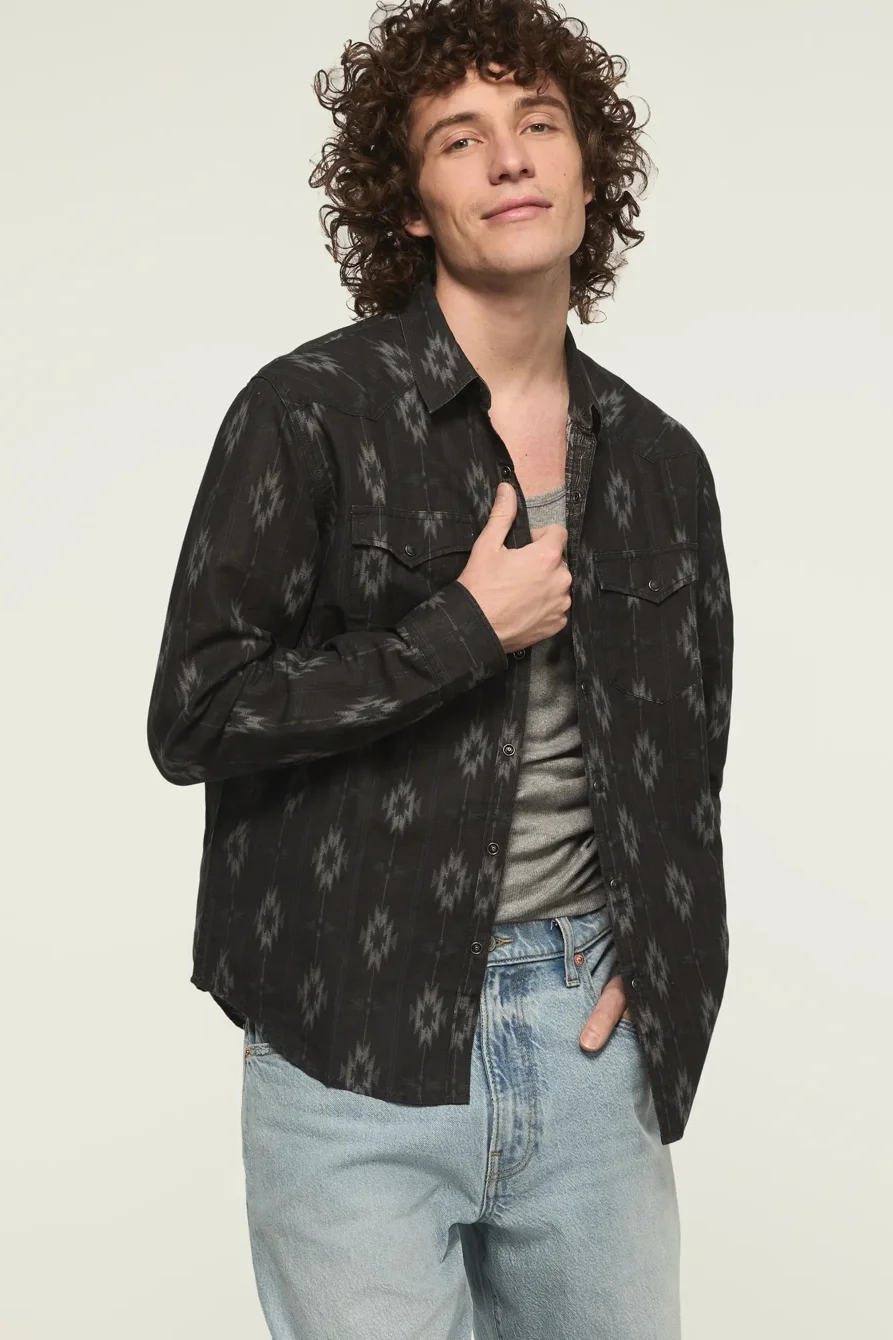 Image of Lucky Brand Linen Long Sleeve Western Shirt - Men's Clothing Outerwear Shirt Jackets in Khaki Multi