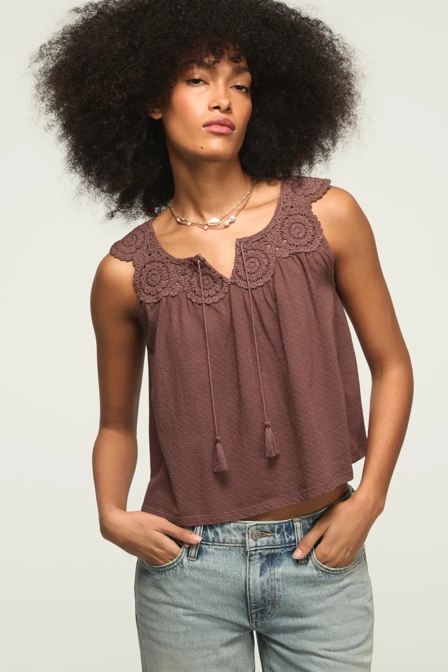 Image of Lucky Brand Lace Trimmed Scoop Tank - Women's Clothing Tops Tank Top in Peppercorn