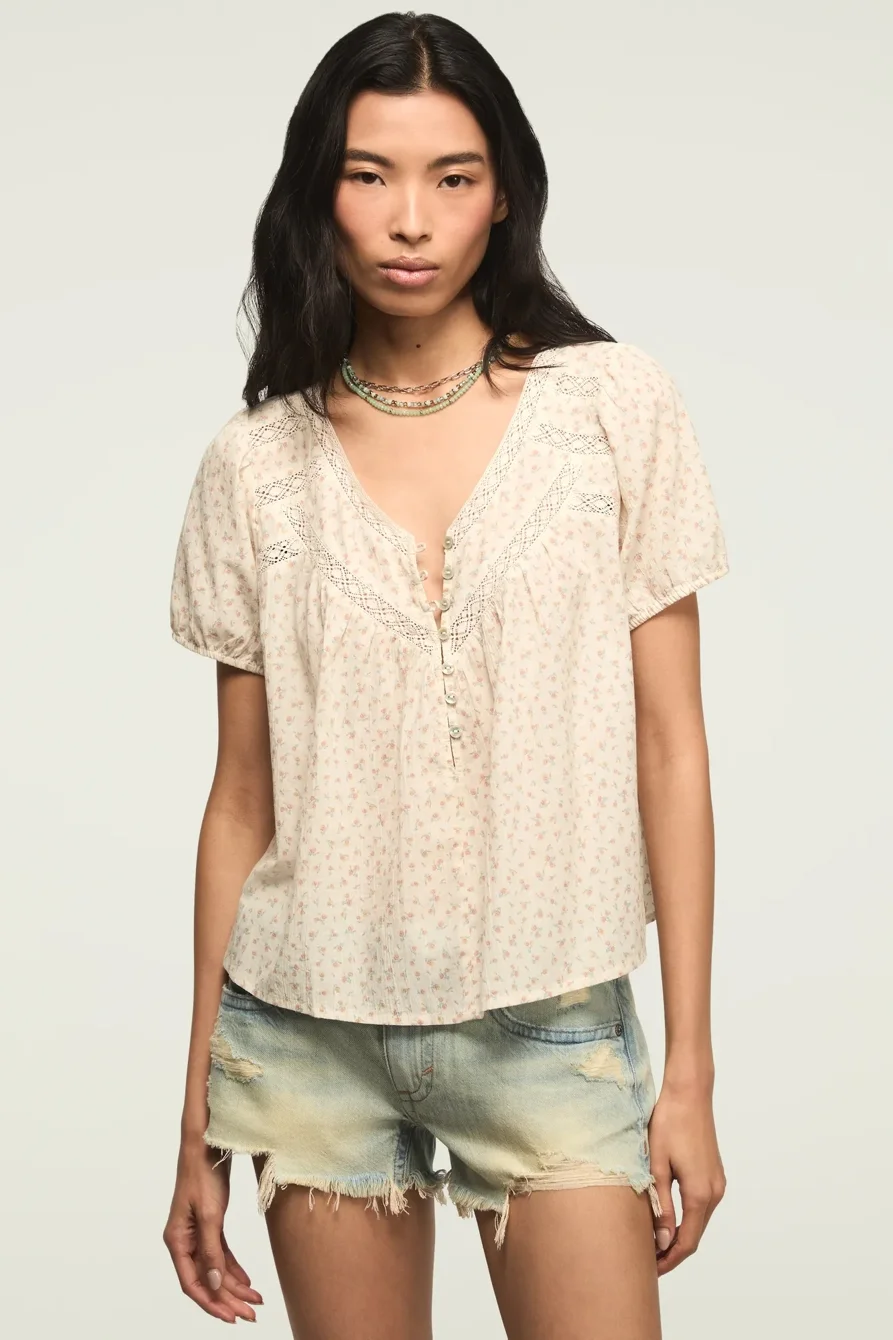 Image of Lucky Brand Lace Henley Peasant Blouse - Women's Clothing Tops Tees Henley Shirt in Brown Floral