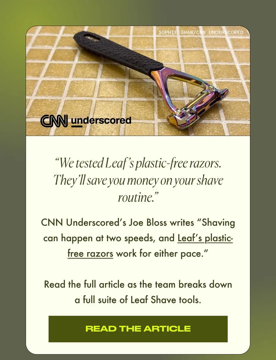 CNN Underscored article featuring Leaf's plastic-free razor with positive review quote and call-to-action to read the full article