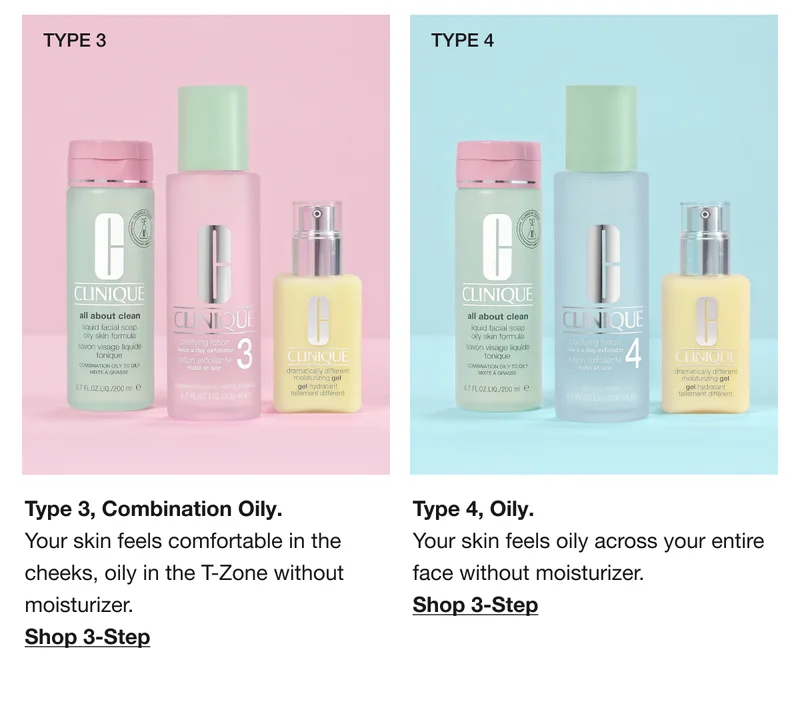 Type 3, Combination Oily. Your skin feels comfortable in the cheeks, oily in the T-Zone without moisturizer. Shop 3-Step | Type 4, Oily. Your skin feels oily across your entire face without moisturizer. Shop 3-Step